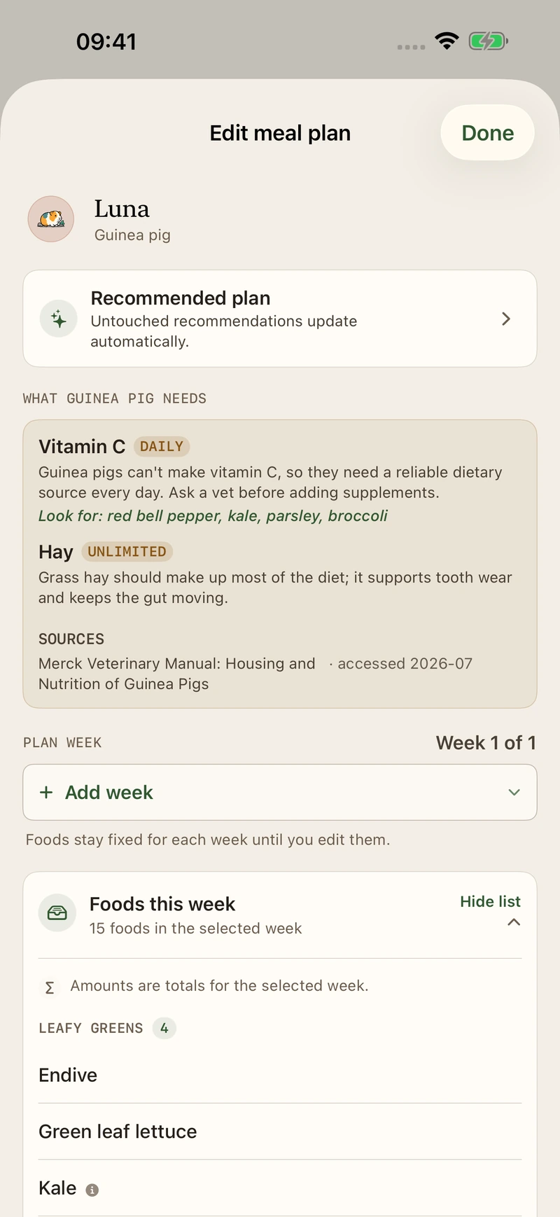 Tendlet’s meal-plan editor with a seven-day plan and foods for the week